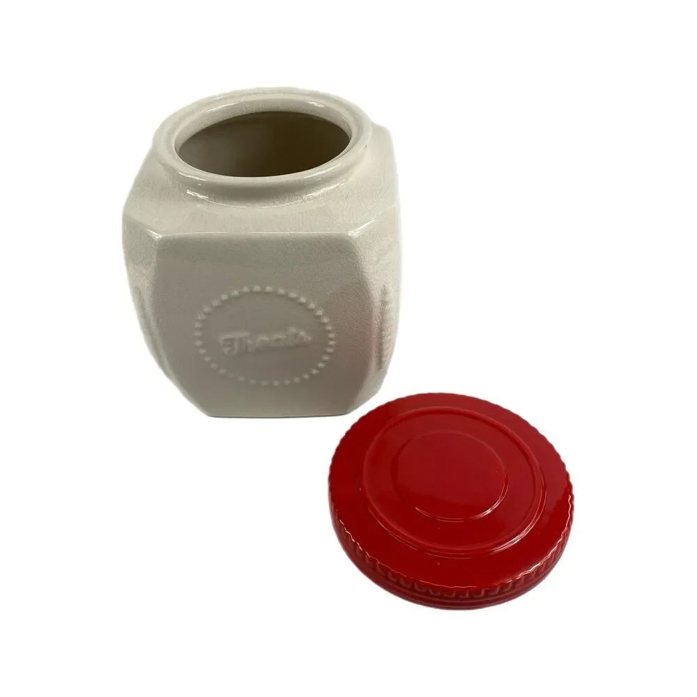 SCM Home Stoneware TREATS Jar (Cookie Jar) Off-white With Red Lid